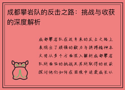 成都攀岩队的反击之路：挑战与收获的深度解析
